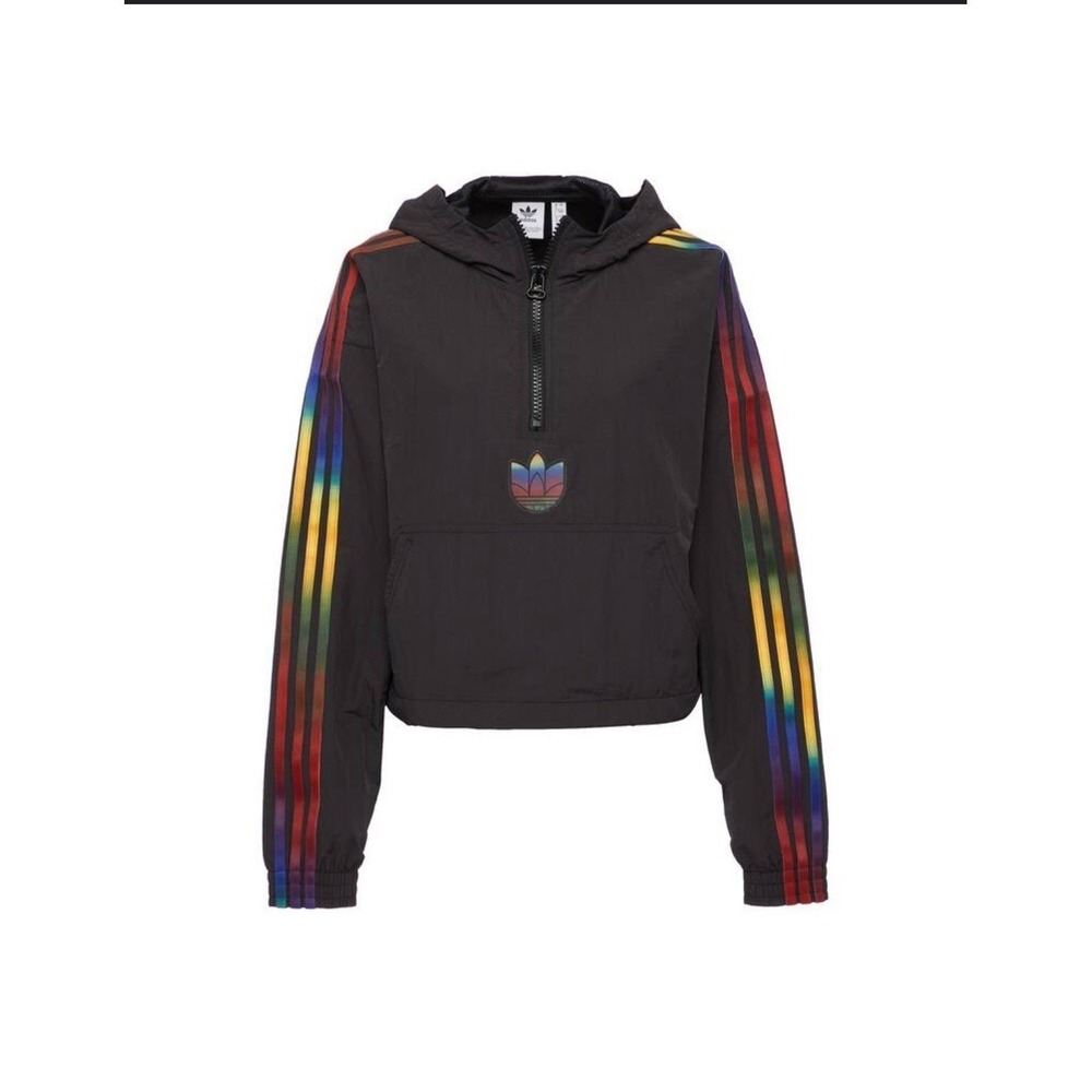 Adidas Windbreaker Women S Black Rainbow Stripe Cropped Half Zip Trefoil Jacket
